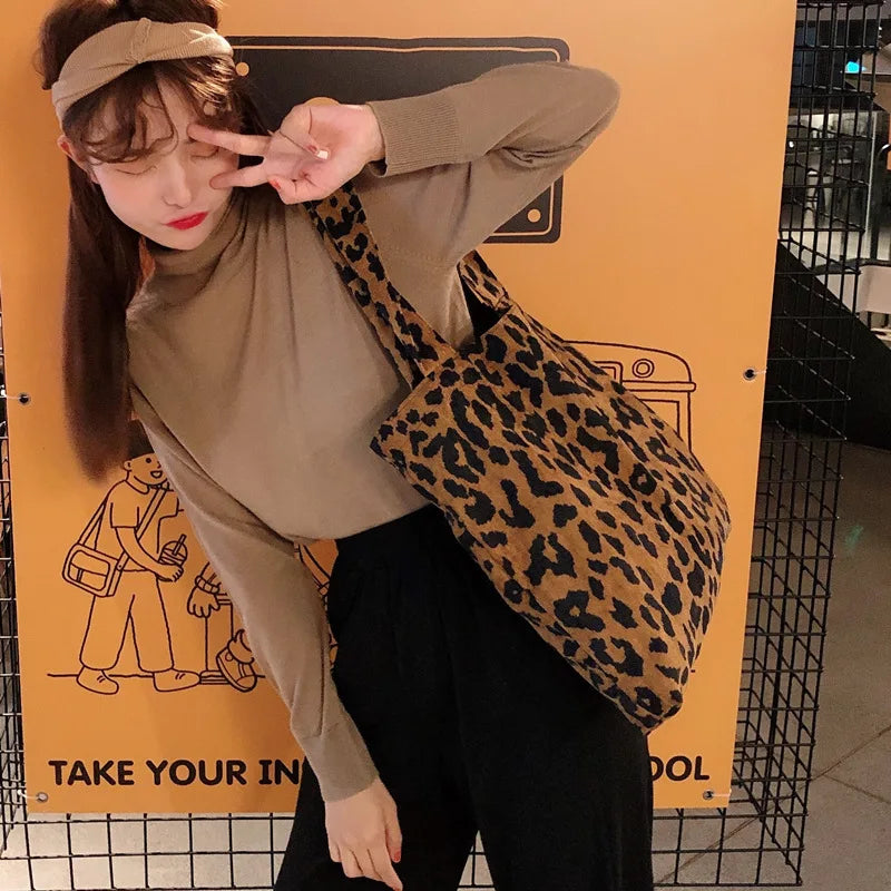 Xajzpa  Classic Leopard Printing Top-handle Bag Women Corduroy Shopping Bag Large Capacity Book Tote Bag Female Casual Shoulder Bag