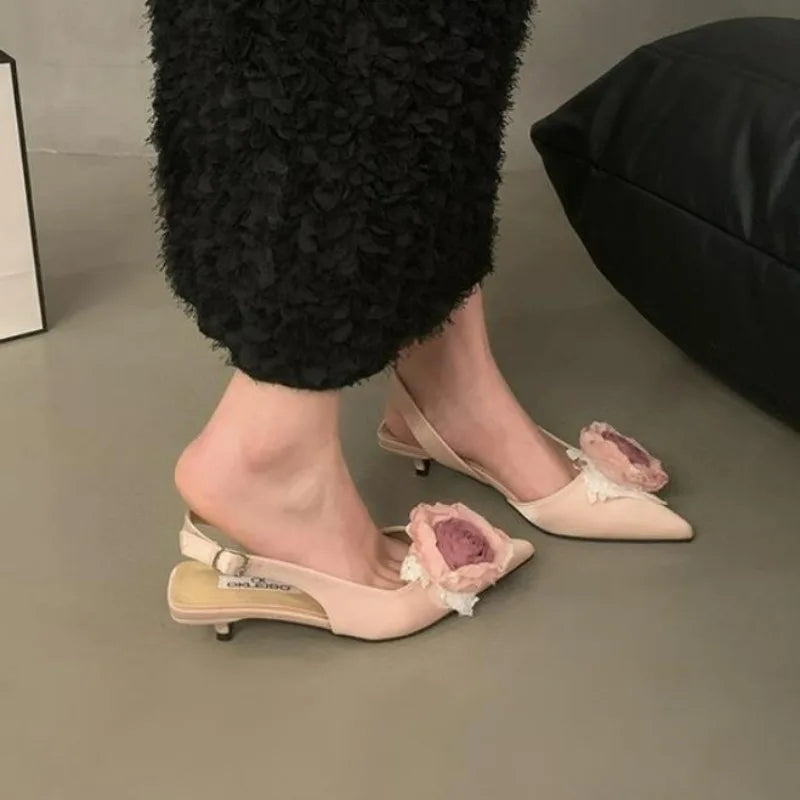 Xajzpa New Flower Designer Sandals Women Elegant Satin Mule Shoes Summer Pointed Toe Pumps Low Heel Flowers Slingback Sandals Female