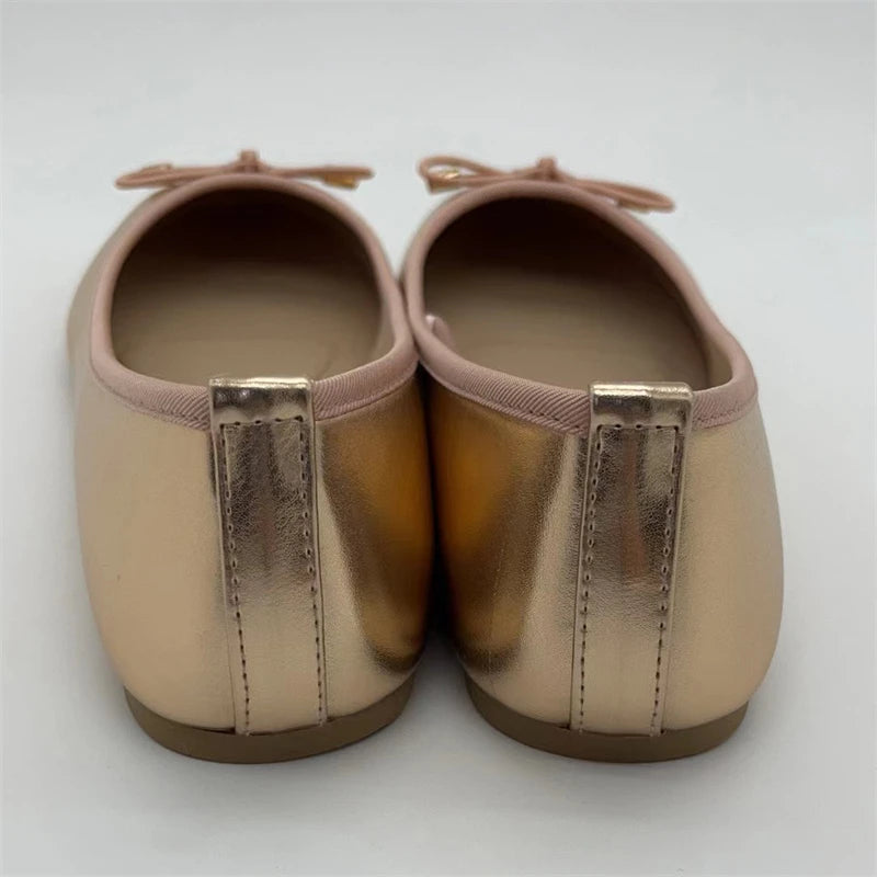 Xajzpa Gold Silver Elegant Bowknot Round Toe Women's Flat Comfort Slip-On Ladies Ballerina Single Mules Shoes Zapatos Mujer