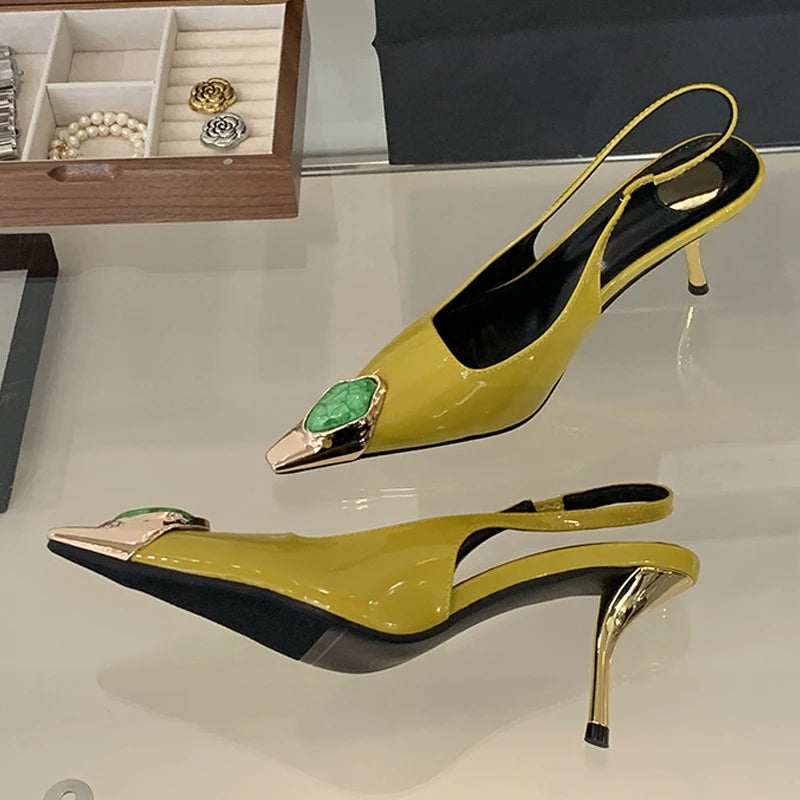 Xajzpa Fashion Design Inlay Gems Pointed Toe Patent Leather Sexy Slingback Sandals Women Pumps High Heels Wedding Banquet Shoes