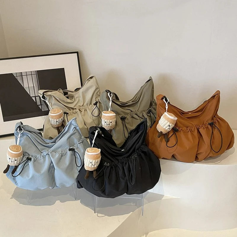 Xajzpa New Lightweight Nylon Drawstring ToteBag Literary Leisure Wrinkle Crossbody Bag Lazy Large Capacity Student Underarm Wrinkle Bag