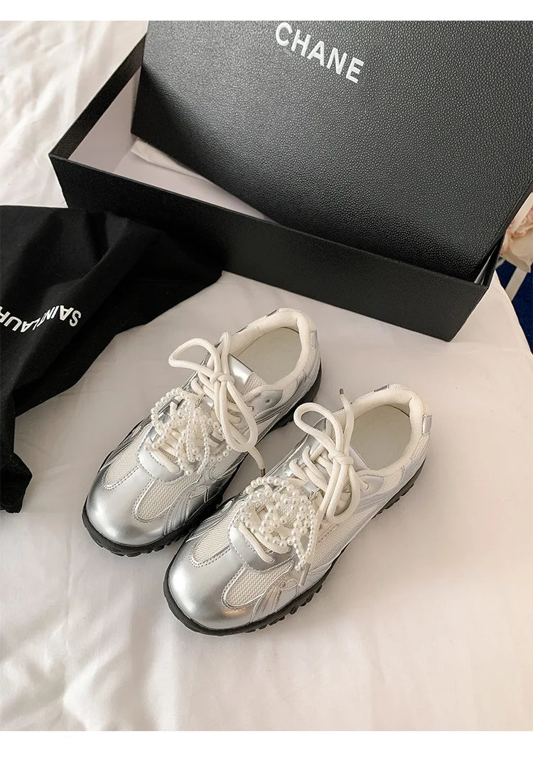 Xajzpa 2025 Summer New Color Breathable Soft Sole Comfortable Women Shoes Crescent Insole Height Lace Pearl Casual Sneakers