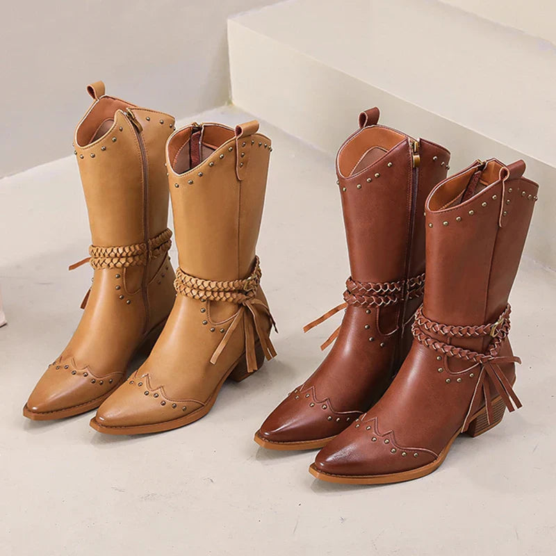 Xajzpa New Faux Leather Retro Western Boots Women Rivet Belt Buckle Mid Calf Boots Square High Heels Punk Cowboy Boots