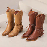 Xajzpa New Faux Leather Retro Western Boots Women Rivet Belt Buckle Mid Calf Boots Square High Heels Punk Cowboy Boots