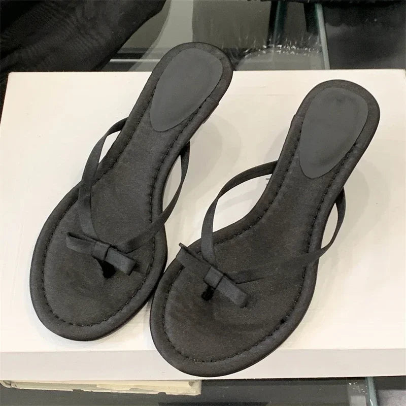 Xajzpa Summer Butterfly-knot Clip Toe Women Slippers Fashion Low Thin Heels Sandals Party Dress Flip Flops Shoes