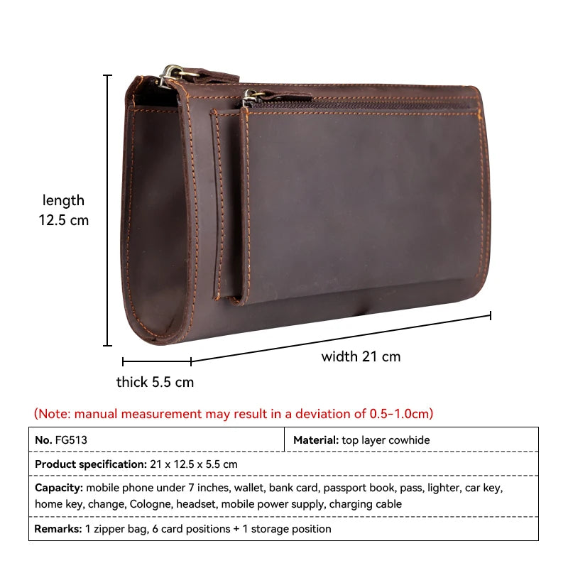Xajzpa Crazy Horse Leather Men Long Purse Wallet Credit Card Zipper Wallets Male Clutch Bag with Phone Pocket Business Long Wallet