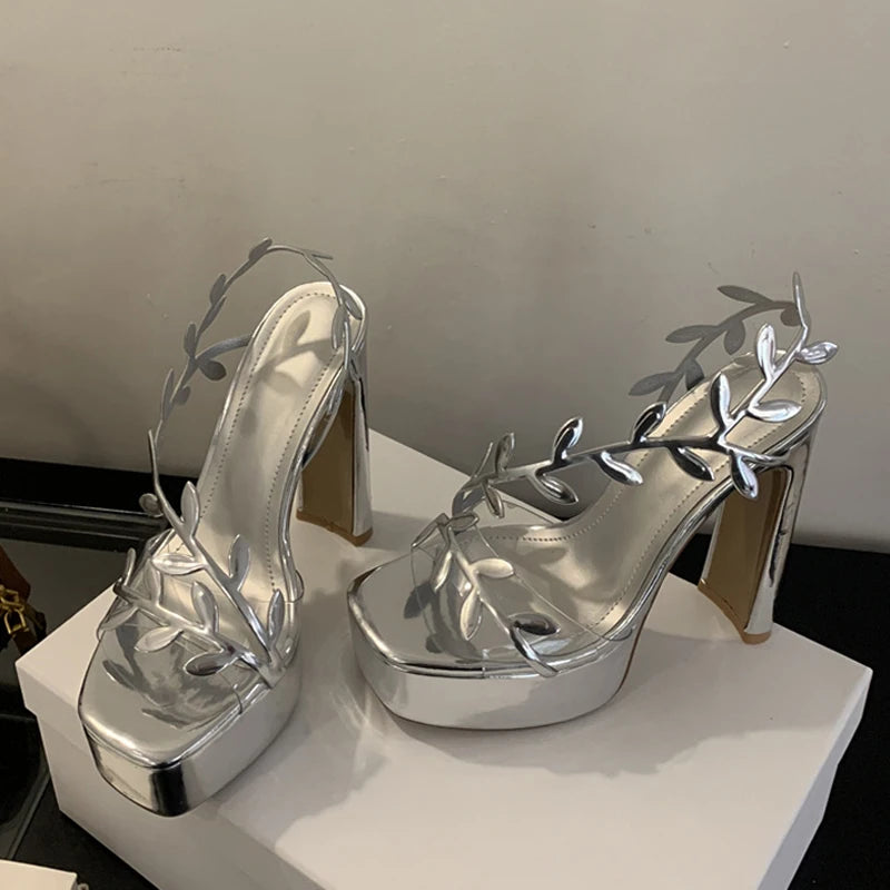 Xajzpa Summer Fashion Patent Leather Gold Leaf Women Sandals Elegant Square Toe Platform High Heels Wedding Banquet Shoes Size 42