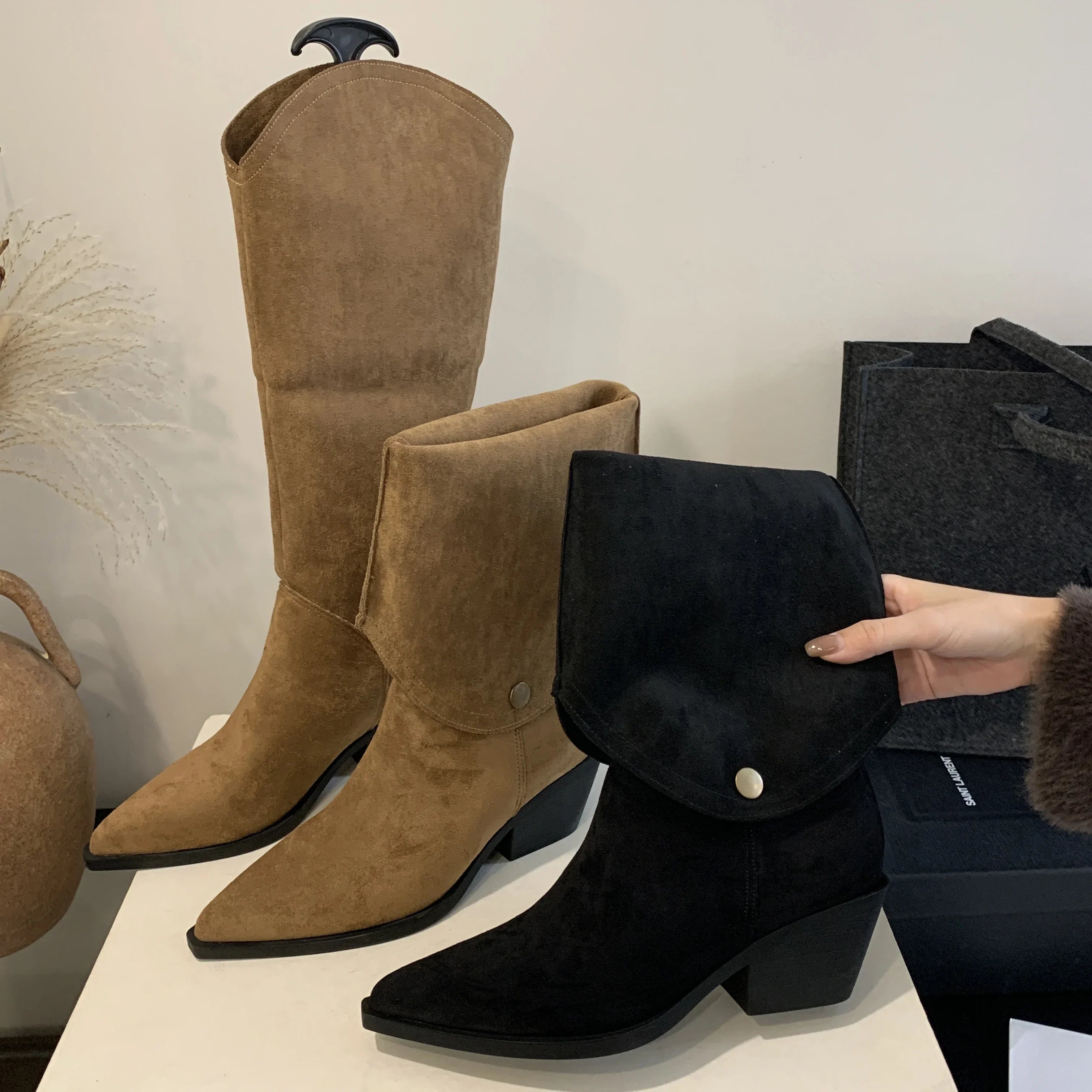 Xajzpa Retro Style Fold Button Women Knee-High Boots Fashion Pointed Toe Square Low Heels Casual Dress Ladies Shoes