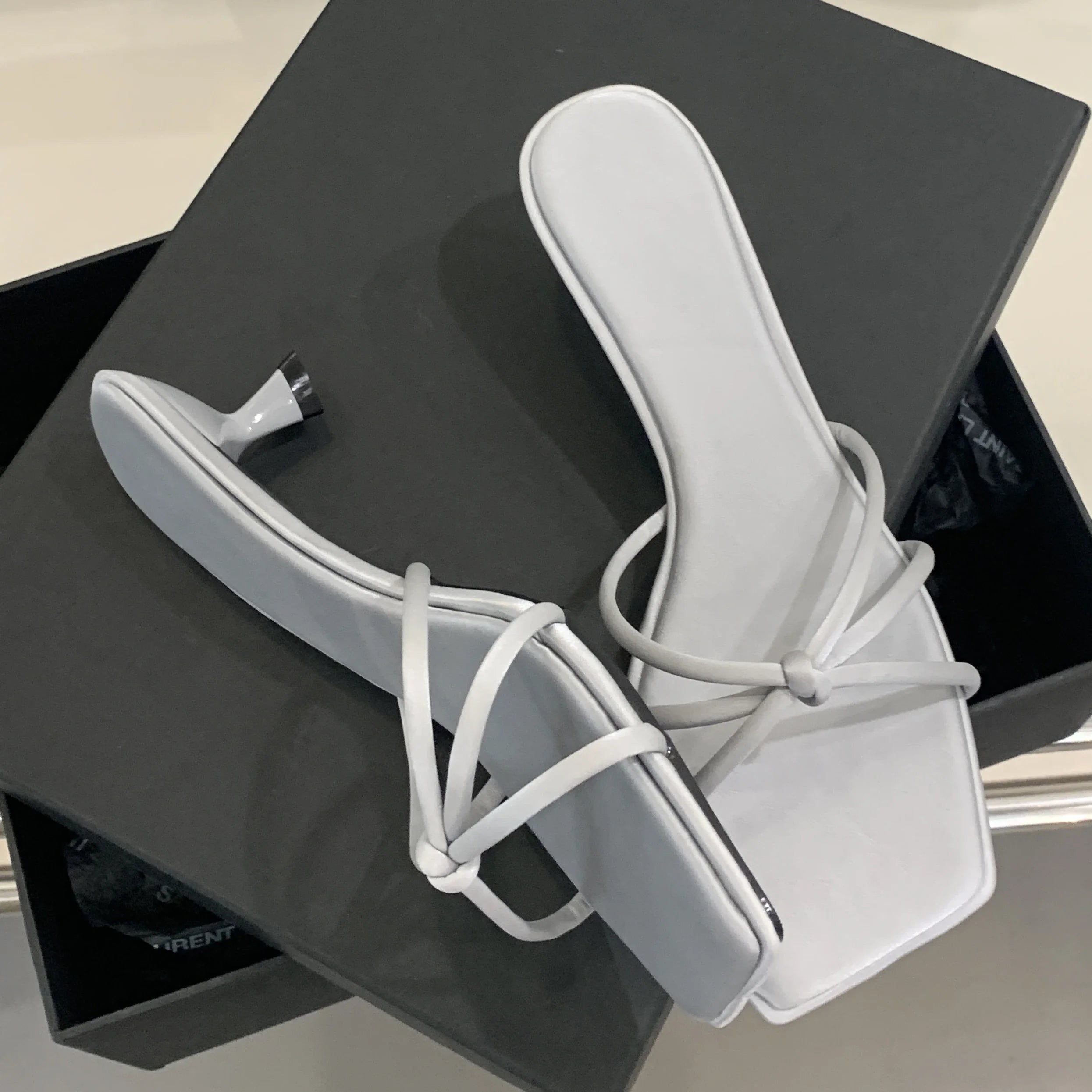 Xajzpa Summer Narrow Band Buckle Strap Slippers Women Square Toe Stiletto Low Heels Slide Mules Party Shoes Zapatos De Mujer