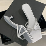Xajzpa Summer Narrow Band Buckle Strap Slippers Women Square Toe Stiletto Low Heels Slide Mules Party Shoes Zapatos De Mujer
