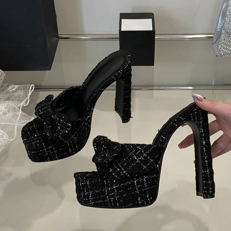 Xajzpa Fashion Pink Cloth Bowknot Designer Sandal Square Toe Super High Heels Platform Slippers Women Summer Party Banquet Shoes