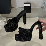 Xajzpa Fashion Pink Cloth Bowknot Designer Sandal Square Toe Super High Heels Platform Slippers Women Summer Party Banquet Shoes