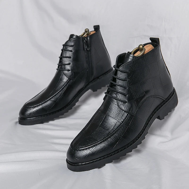 Xajzpa New Men's Trendy Boots Lace up Black Dress Fashionable Breathable Ankle Boots Leather Boots Casual Sports Shoes