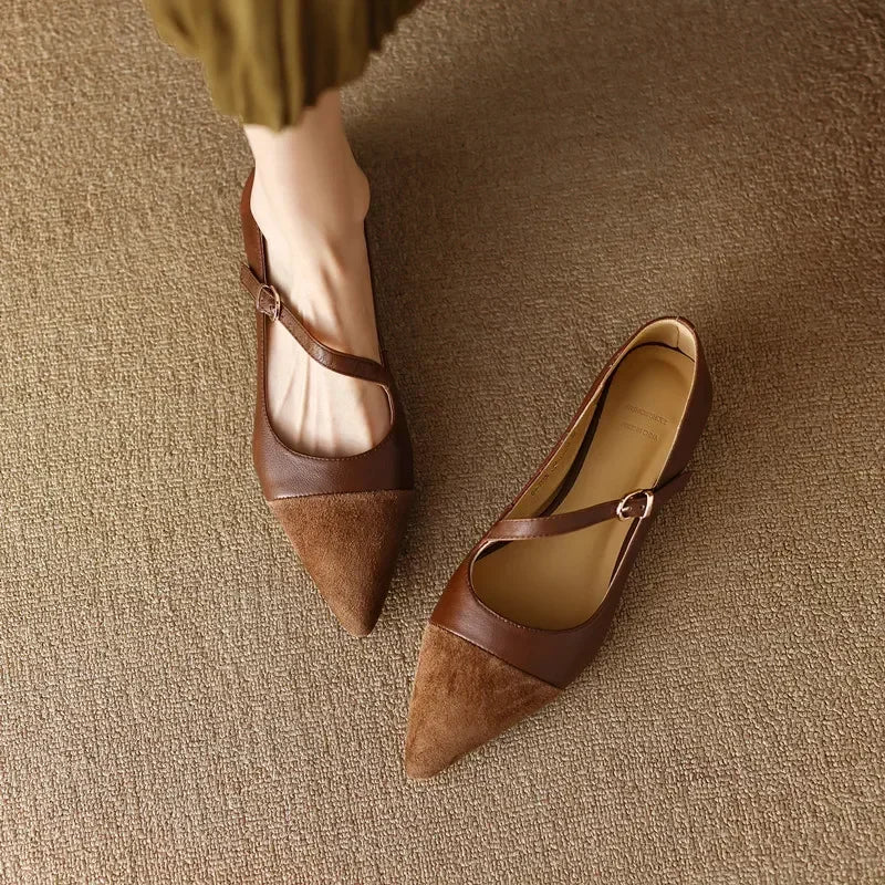 Xajzpa Women Flat Women's Pointed Toe Retro Single Shoes One Word Buckle Round Mary Jane Shoes Ballerina Flats Mujer