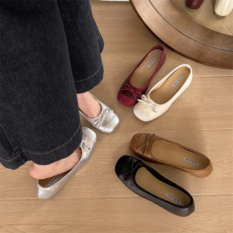 Xajzpa New Style Women's Red Elegant Bowknot Round Toe Women's Flat Comfort Slip-On Ladies Ballerina Single Mules Shoes Zapatos Mujer