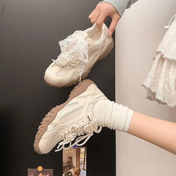 Xajzpa 2025 Summer New Color Breathable Soft Sole Comfortable Women Shoes Crescent Insole Height Lace Pearl Casual Sneakers
