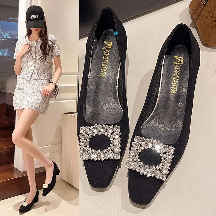 Xajzpa Women's Shoes With Straps Summer High Heels Sandals Ladies Brief Pumps Shallow Mouth Buckle Spring African Block Crystal Be