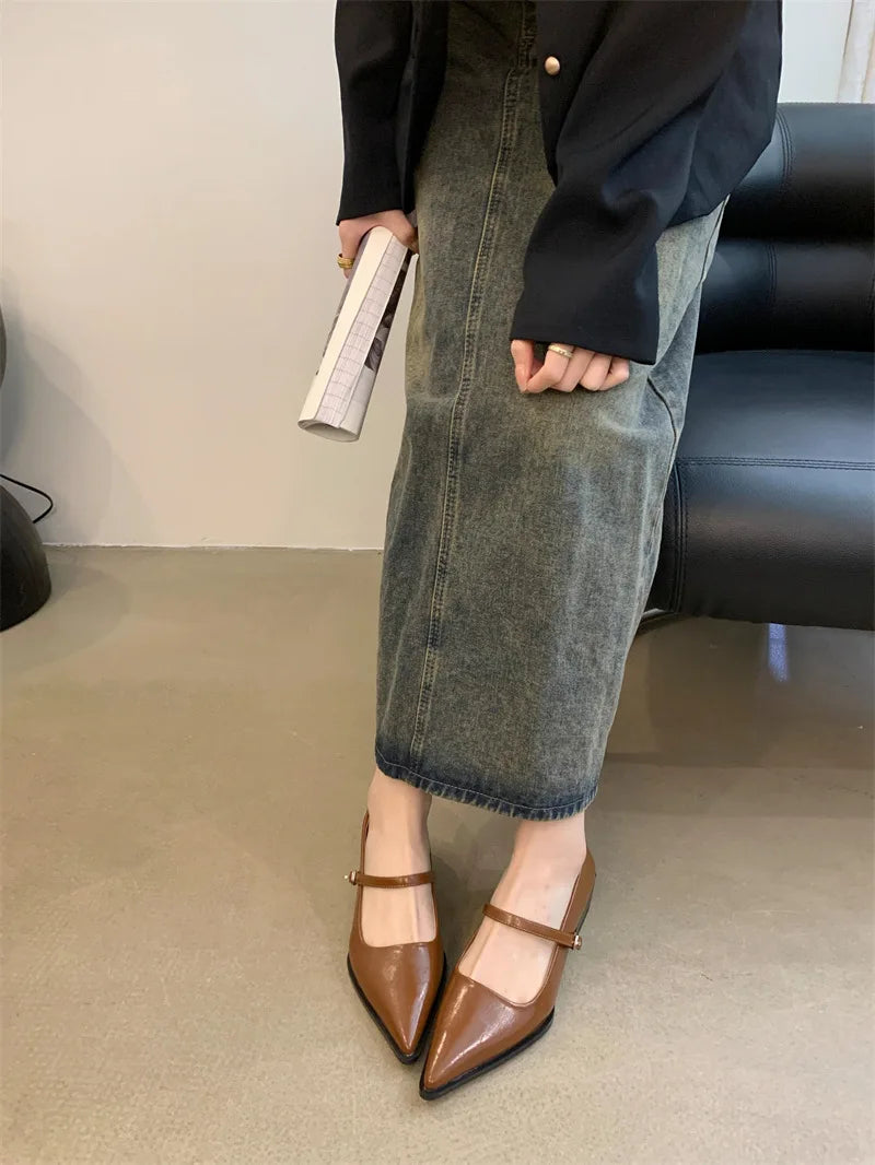 Xajzpa Retro Style Thick Heel Spring and Autumn Women Mary Jane Shoes Fashion Shallow Pointed Toe Ladies Comfort Office Pumps Footwear