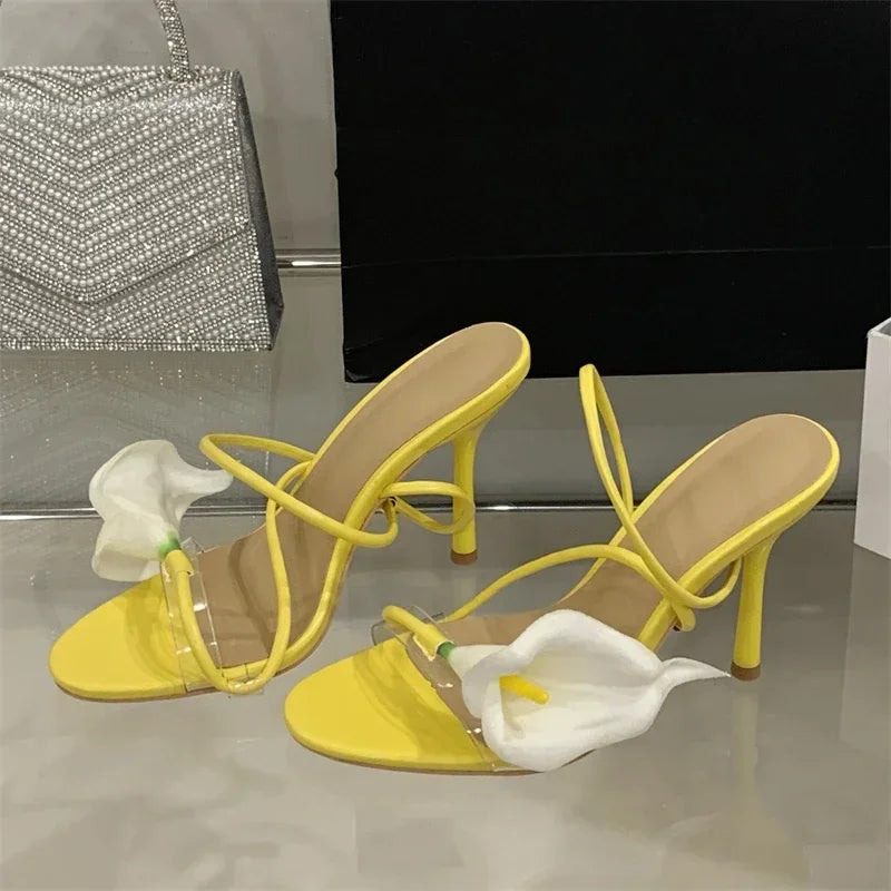 Xajzpa Summer Sexy Flower Narrow Band Women Sandals Street Style Open Toe Thin Heels Party Prom Shoes
