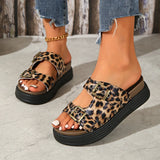 Xajzpa Low Leopard Shoes Slippers Women Summer Big Size Platform Slides Pantofle 2025 PU Fabric Buckle Strap Rome Rubber Hoof Heels