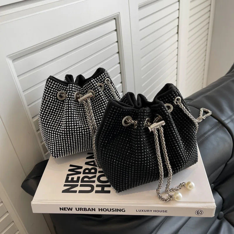 Xajzpa Bright Rhinestone Shoulder Bag Women Chains Crossbody Bag Drawstring Bucket Handbag Luxury Lady Armpit Handbag Daily Totes