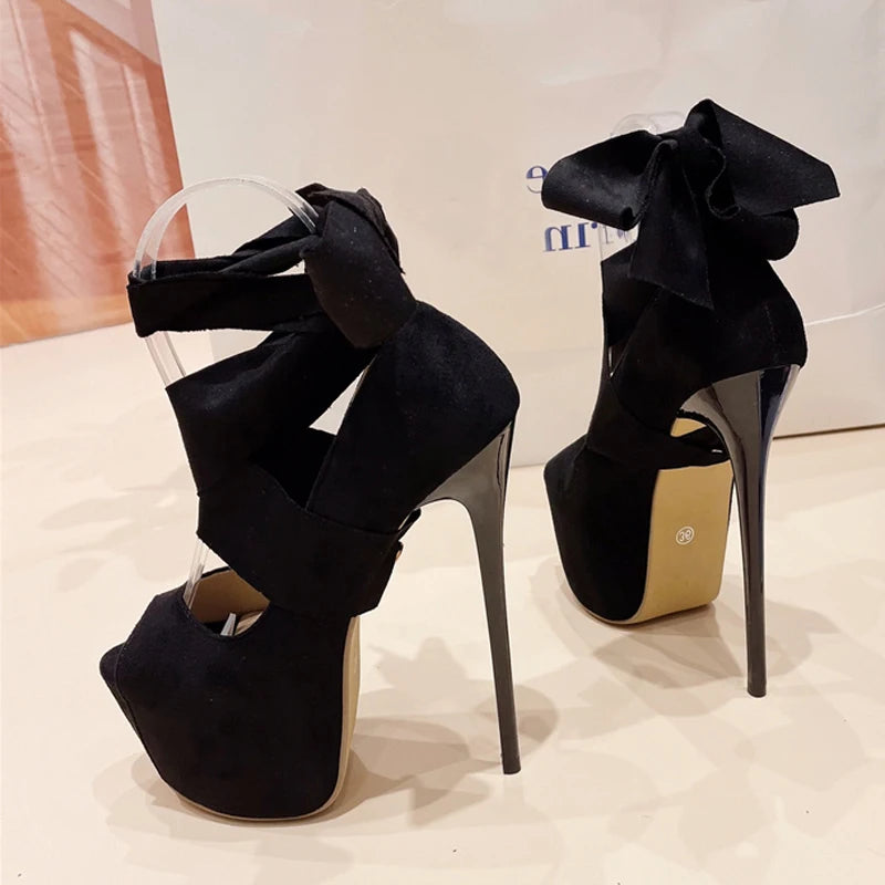 Xajzpa Black High Heels For Women Fashion Ankle Cross Strap Platform Pumps Sexy Peep Toe Party Dress Shoes Stiletto Sandals