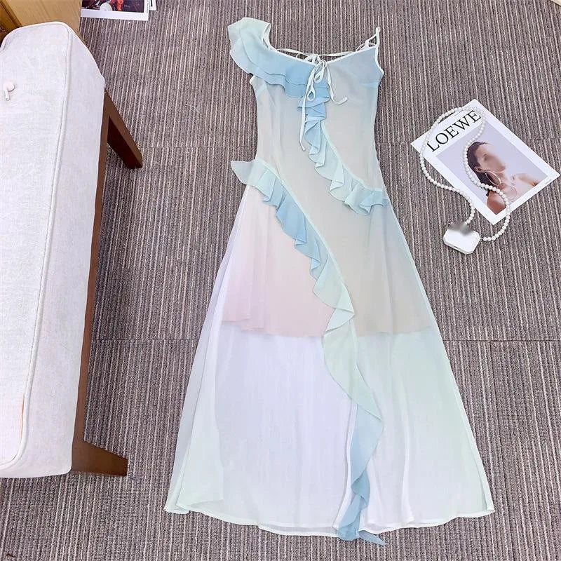 Xajzpa Fashion Irregular Pearl Dress Women's Sleeveless Lotus Leaf Edge Wrinkles A Line Dresses 2025 Summer New Tide