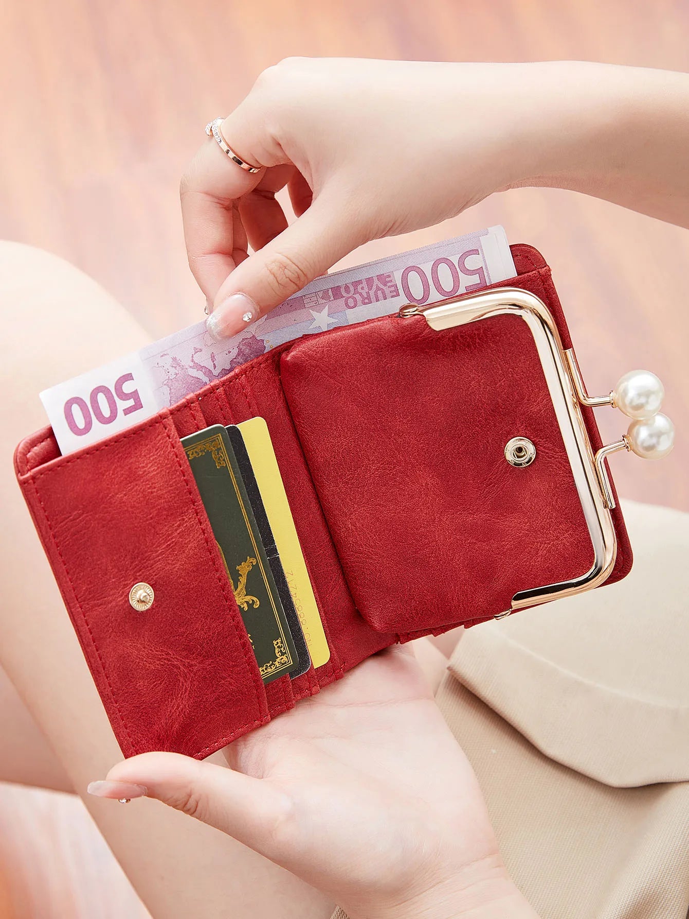 Xajzpa Women's Wallet Short Compact Three Layer Large Capacity Retro Pearl Wallet High Quality PU Leather Multi Card Seat/Coin Zero Wallet
