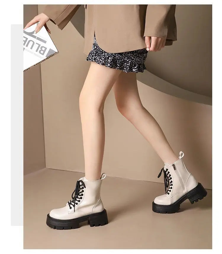 Xajzpa British Style Autumn Platform Shoes for Women Fashion Lace Up Round Toe Ankle Boots for Women Chunky Heel Ladies Short Boots