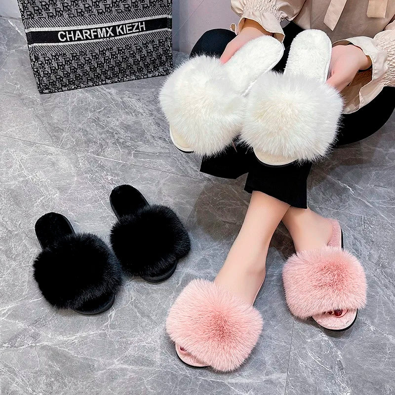Xajzpa New Woman Slippers Winter Simple Word Fur Flats Soft Home Women Slippers Faux Fur Warm Bedroom Leisure Female Shoes