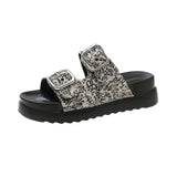Xajzpa Low Leopard Shoes Slippers Women Summer Big Size Platform Slides Pantofle 2025 PU Fabric Buckle Strap Rome Rubber Hoof Heels
