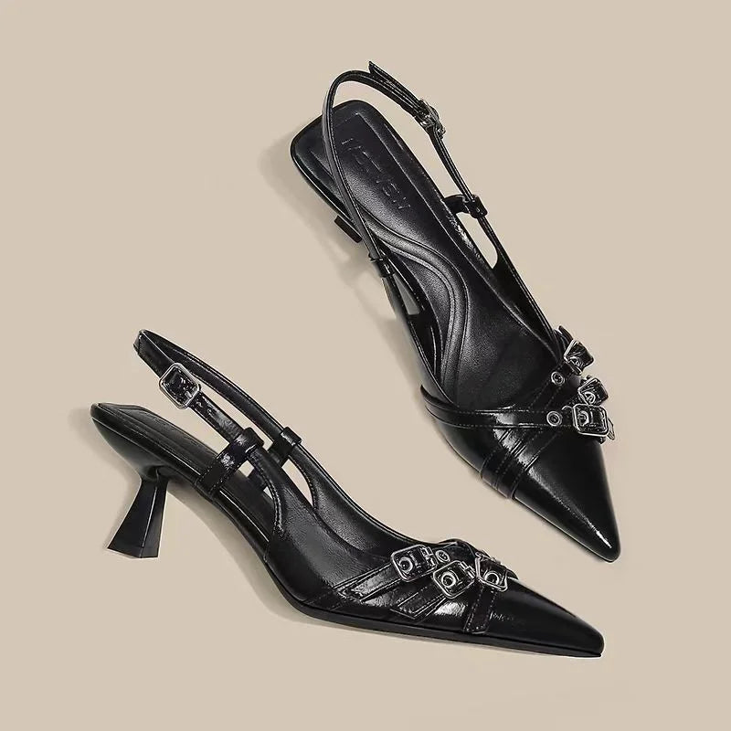Xajzpa Black Fashionable Pointed Toe Shallow Mouth New High-heeled Shoes Summer Elegant Buckle Decorated Stiletto Women's Pumps