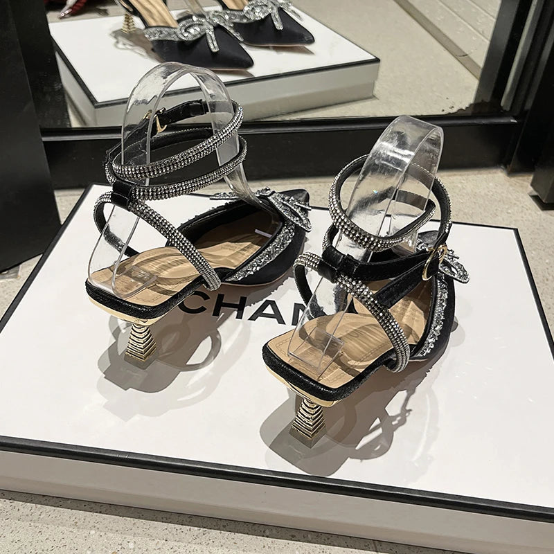 Xajzpa New Women's Crystal Sandals Classic Fairy Bow High Heels Summer New Water Diamond Fine Heel Bridesmaid Wedding Shoes