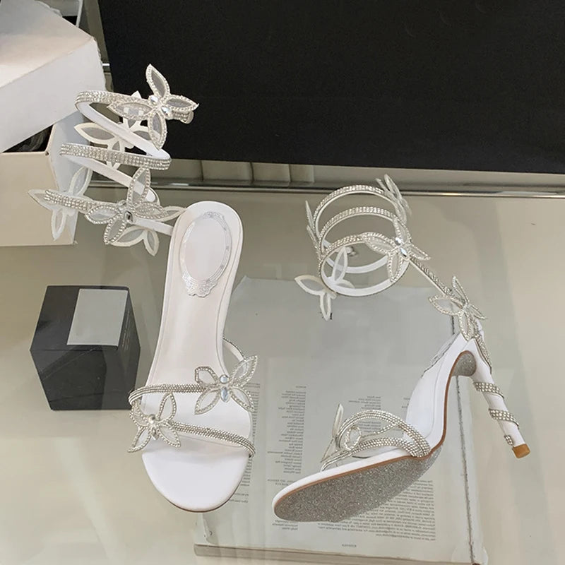 Xajzpa Designer Green High Heels Gladiator Sandals Women Fashion Rhinestone Butterfly Ankle Snake Twine Around Party Prom Shoes