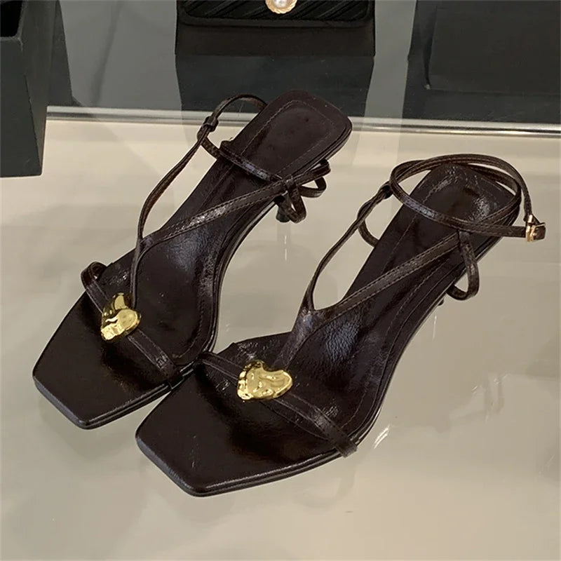 xajzpa Summer Fashion Metal Buckle Narrow Band Sandals Women Band Open Toe Thin Low Heel Gladiator Party Shoes Zapatos De Mujer