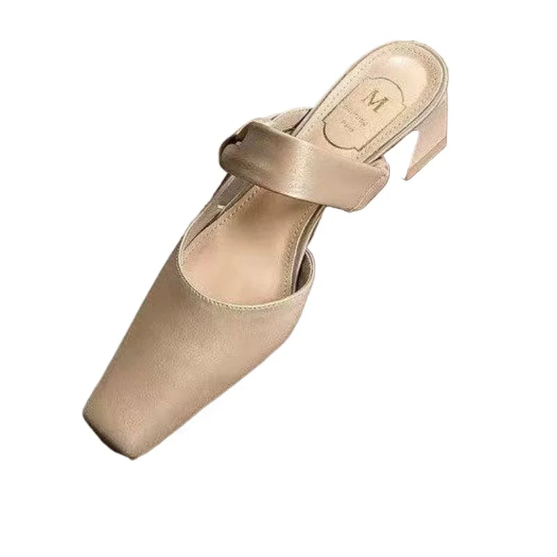 Xajzpa Summers New Style Evening Breeze Baotou Half Slippers French Low Heel Women's Shoes Summer New Thick Heel Slippers Zapatos Mujer