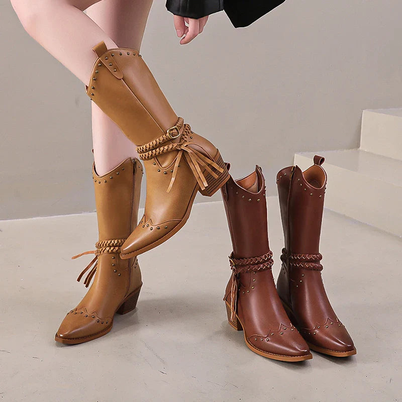 Xajzpa New Faux Leather Retro Western Boots Women Rivet Belt Buckle Mid Calf Boots Square High Heels Punk Cowboy Boots