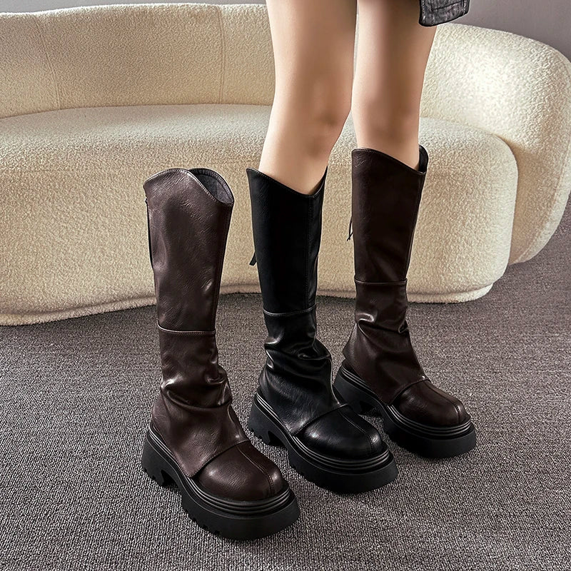 Xajzpa New Women Knee High Belt Buckle Round Toe Thick Sole Platform Chunky Heel Women Boot Solid Color Slip on Ins Western Sexy Shoes