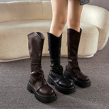Xajzpa New Women Knee High Belt Buckle Round Toe Thick Sole Platform Chunky Heel Women Boot Solid Color Slip on Ins Western Sexy Shoes