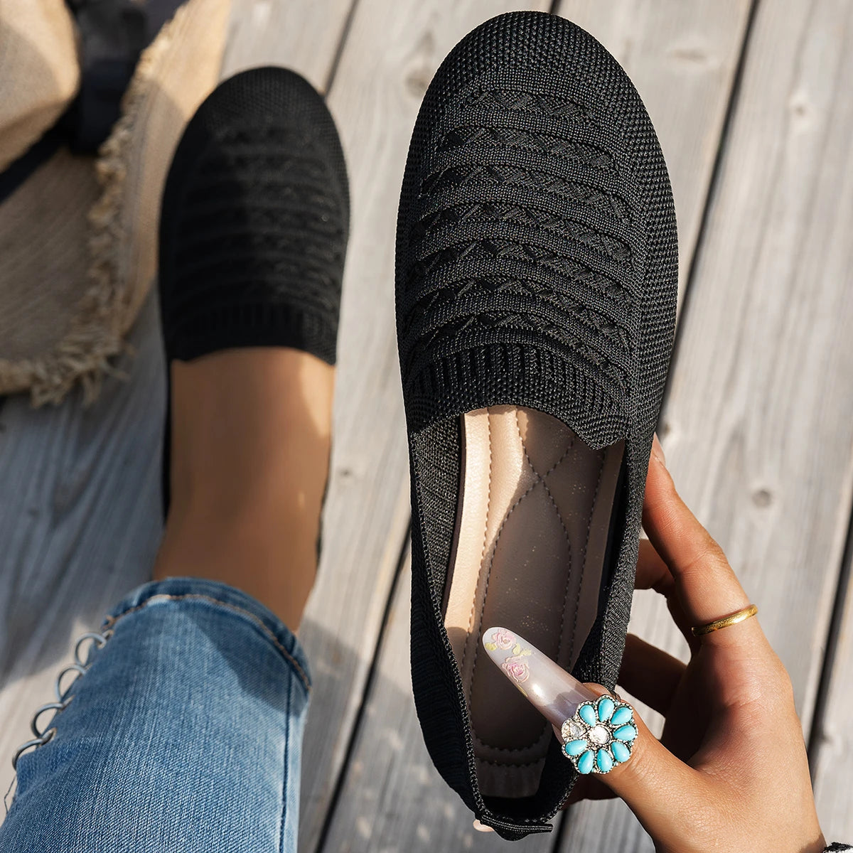 Xajzpa Elastic Knitting Flats Slip on Shoes for Women  Summer Breathable Soft Loafers Woman Lightweight Casual Shoes Mom Moccasins
