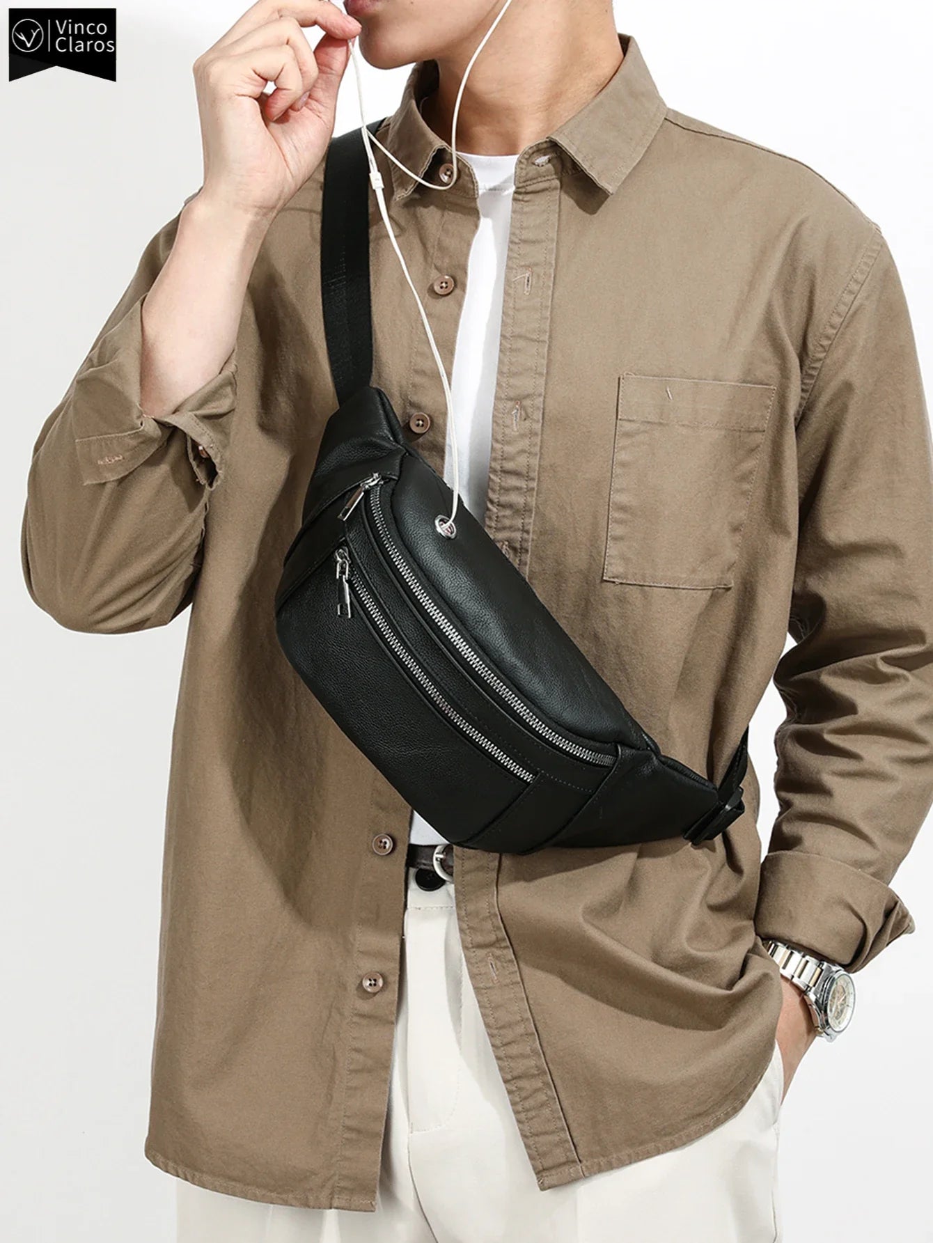 Xajzpa   Black Men's Genuine Leather Fanny Pack Lightweight Sports Waist Bag for Men Belt Pouch Phone Chest Bags Male Small Bag