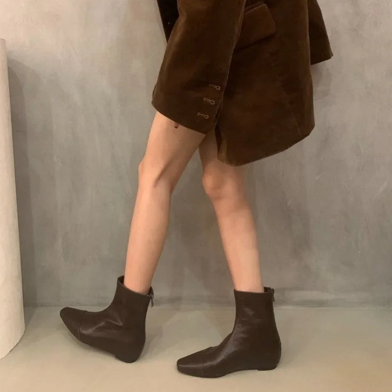 Xajzpa New Fashion Women's Retro Short Boot Women's Autumn/Winter Genuine Leather Pointed Boots Flat Bare Shoes for Women Thin Shoes