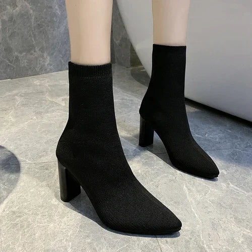 Xajzpa Simple Fashion Stretch Socks Boots Women's High Heels Shoes Knit Socks Boots Skinny Women Pointed Autumn and Winter Bare Boots