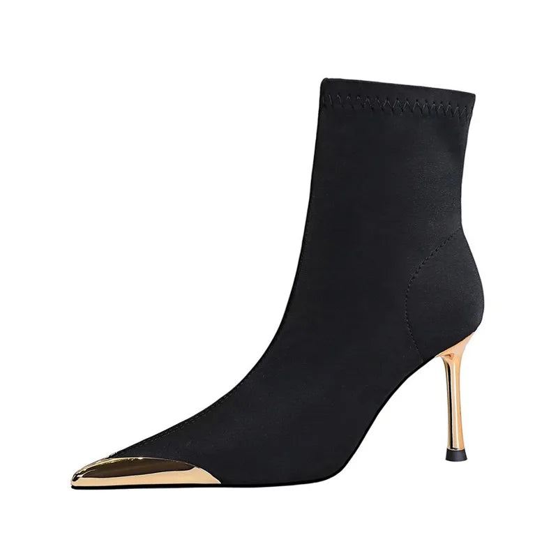 Xajzpa New Style Women's Concise Black Women Ankle Boots Pointed Toe Design Metal Decoration High Stiletto Heels Shoes Zapatos Mujer