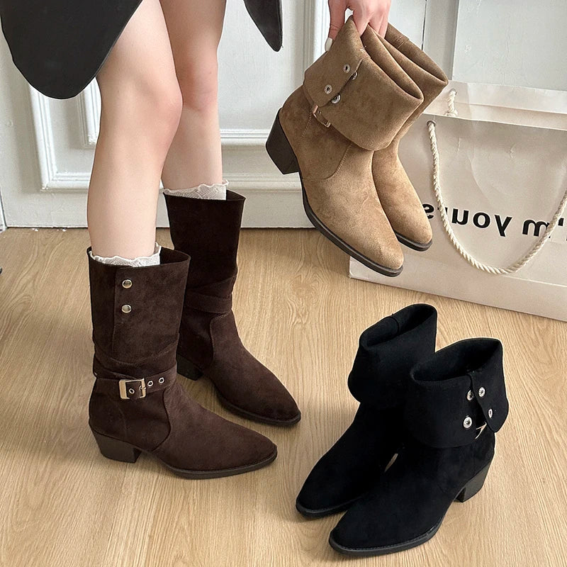 Xajzpa New Style Luxury Women Boots European and American Fashion Buckle Pleated Short Boots Autumn and Winter Flat Boots Women Shoes