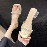 Xajzpa Shoes Womens Slippers Outdoor Pantofle Slides Jelly Flip Flops Square heel Heeled Mules Fashion 2025 Glitter Block High Transpar