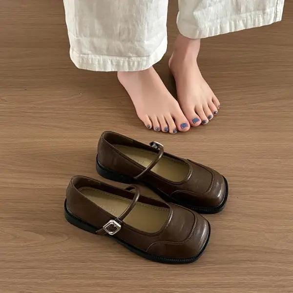 Xajzpa Womens Derby Shoes Female Footwear All-Match Shallow Mouth Leather Dress New Retro Summer Mary Janes Flat Shoes Woman Flats All-