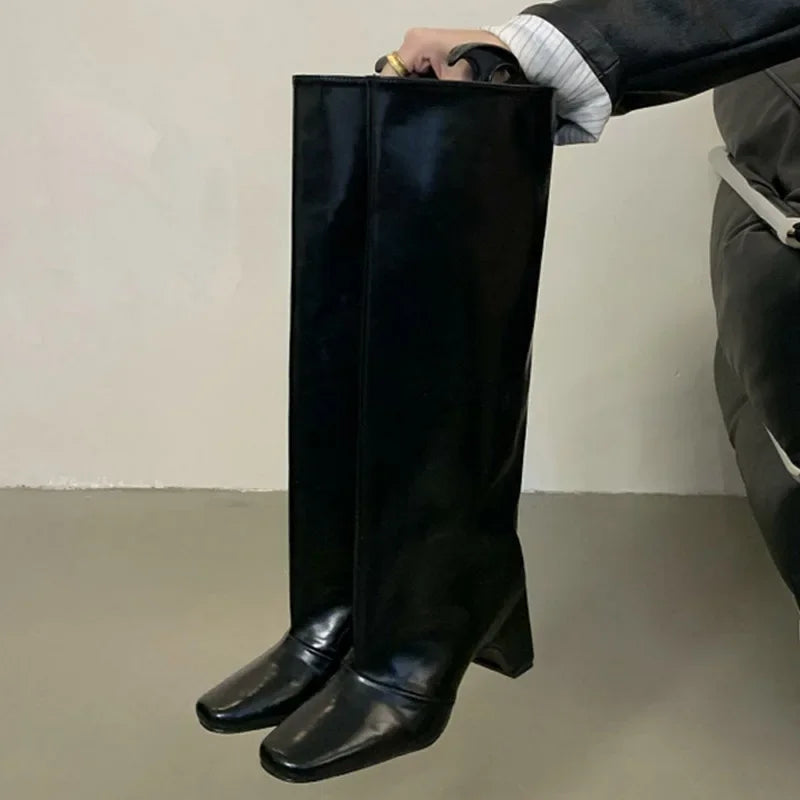 Xajzpa Winter Street Fashion Punk Style Knee-High Women Boots Designer Hollow Out Square High Heels Shoes Banquet Ladies Booties