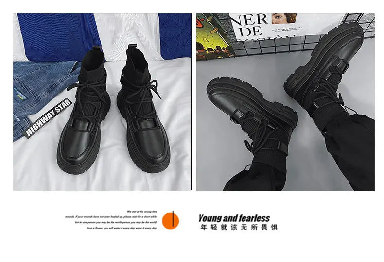 Xajzpa Autumn Winter Socks Boots New Men Ankle Boots Platform Black Shoes for Men Fur Chunky Punk Motorcycle Booties Gothic Shoes