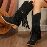 Xajzpa Vintage Tassels Knee High Boots Women Rivet Decoration Thick Heeled Western Boots Woman Zip High Tube Cowboy Booties Plus Size